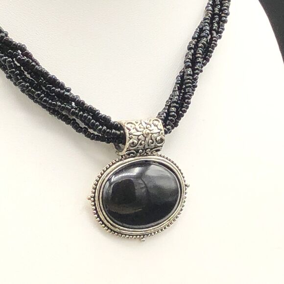 Black Oval Pendant Necklace Multi Strand Glass Seed Beads Antiqued Silver Tone - Picture 2 of 8